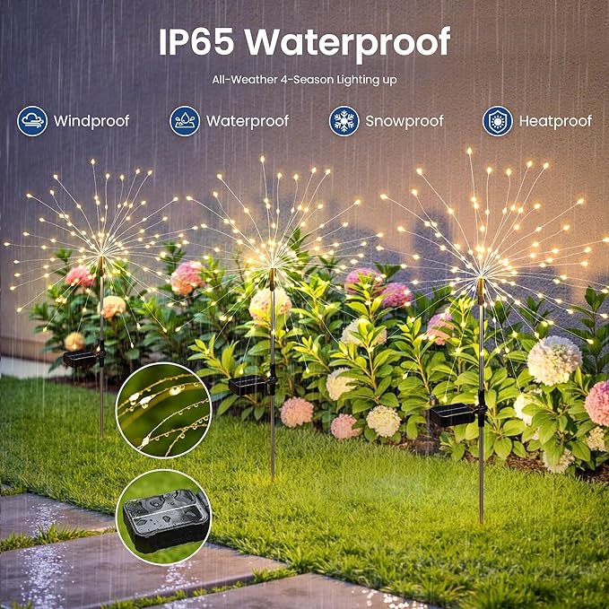 Solar Lights Outdoor, 120LED 8 Pack Fairy Garden Lights Decor for Outside Fireworks Lights Solar Powered for Yard, Patio, Pathway, Walkway, Balcony, Warm White