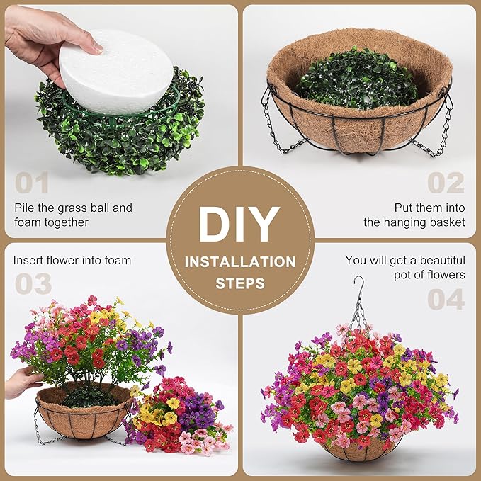 Artificial Faux Hanging Plants Flowers Basket for Outdoors Spring Summer Decoration,Hanging Planters with Fake Silk Flowers UV Resistant Realistic for Outside Porch Patio Balcony Garden （6 Multicolor）