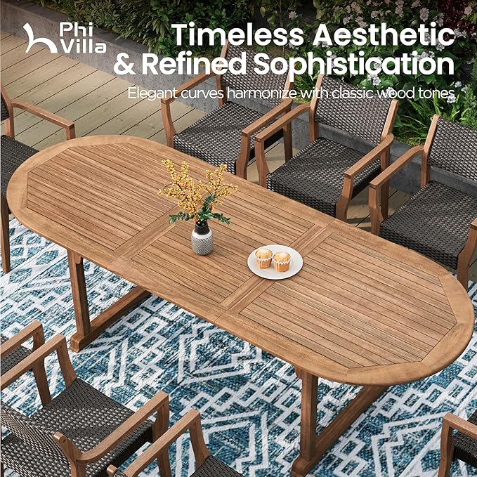 PHI VILLA Outdoor Acacia Wood Expandable Table for 6-8, Extendable Wooden Dining Table with Slat Design, Large Rectangular Farmhouse Dining Furniture for Patio, Deck, Porch, Backyard