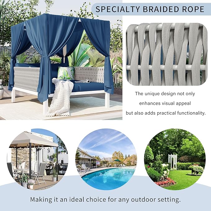 Merax Outdoor Patio Sunbed with Curtains and Soft Thick Cushions, Double Chaise Lounge Daybed with Rubber Core Rope Backrest and Comfy Pillows for Outside Pool, Garden, Backyard, Lawn, Blue