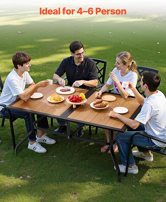 VEVOR Outdoor Patio Dining Table, 59 inch Long Rectangular Wood-Like Steel Slat Backyard Bistro Tables for 4-6, with 1.5 in Umbrella Hole, All-Weather Large Furniture for Lawn Garden Porch, Brown