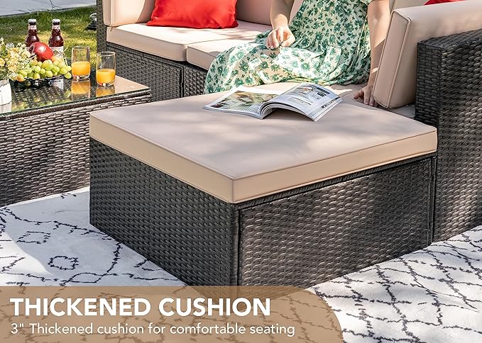 Devoko 5 Pieces Patio Furniture Sets All Weather Outdoor Sectional Patio Sofa Manual Weaving Wicker Rattan Patio Seating Sofas with Cushion and Glass Table (Beige)