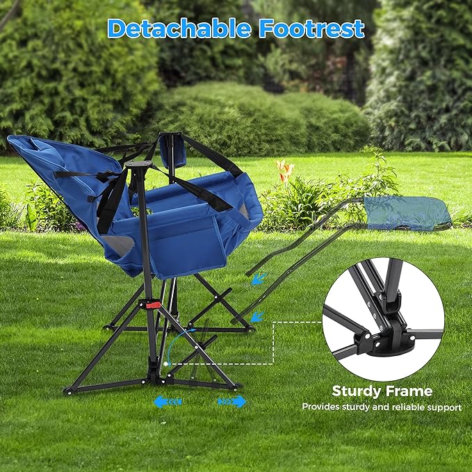 Ainfox Hammock Camping Chair with Footrest, Foldable Portable Rocking Chairs for Adults Outside Swinging Camp with Cup Holder Pillow for Outdoor Patio Poolside (Blue)