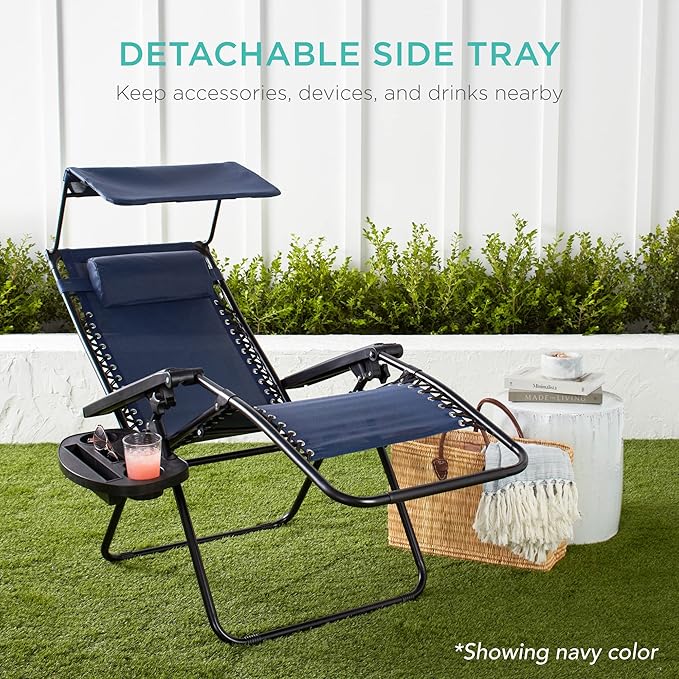Best Choice Products Folding Zero Gravity Outdoor Recliner Patio Lounge Chair w/Adjustable Canopy Shade, Headrest, Side Accessory Tray, Textilene Mesh - Black