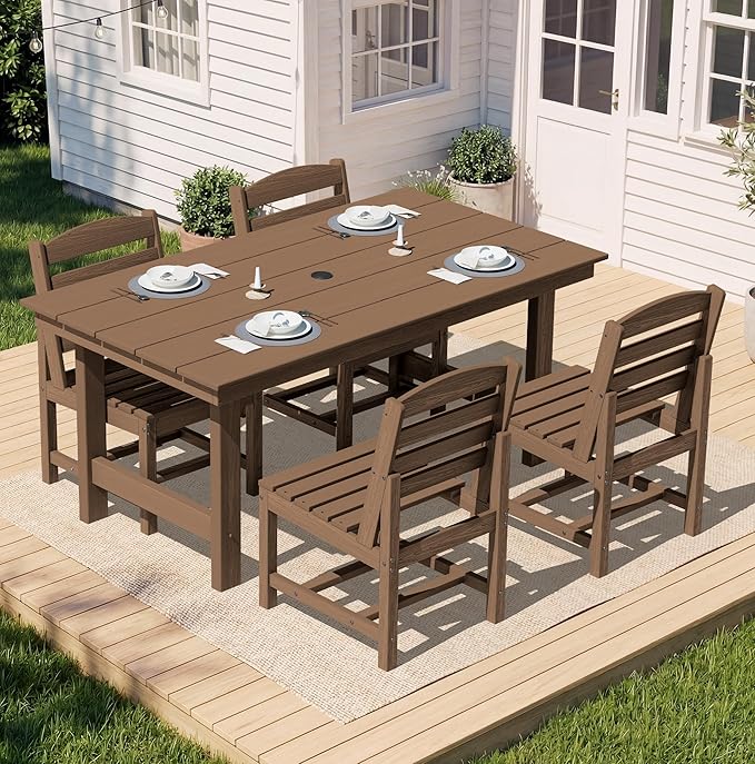 SERWALL Patio Dining Sets for 6 Person, HDPE Dining Set with 6 Armless Chairs, Brown