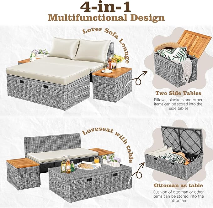 Flamaker Outdoor Rattan Daybed with 2 Side Tables, Multifunctional Wicker Patio Sofa with Storage Ottoman, Cushions, Sunbed Wicker Furniture Chaise Lounge Chair for Backyard Porch Poolside(Beige)