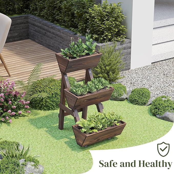 3-Tier Wooden Vertical Raised Garden Bed with Legs, Tiered Planter Box, Vertical Garden Planter,Wood Plant Stand Wood Flower Rack for Patio, Balcony, Freestanding. (Carbonized-Small)