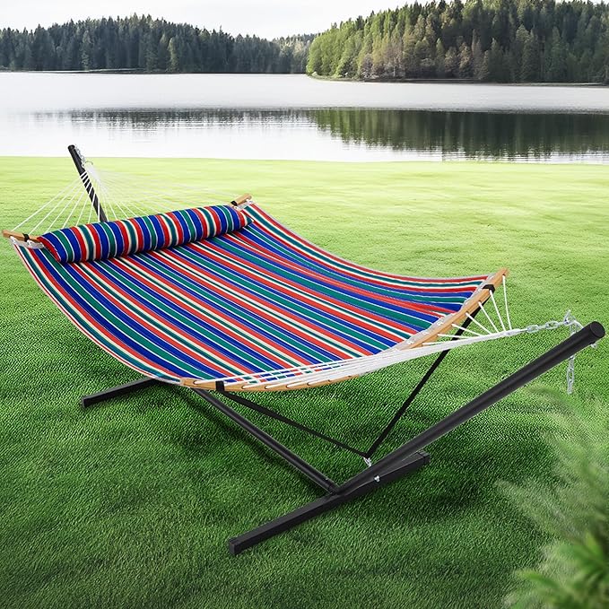 SUPERJARE Curved-Bar Hammock with Stand, 2 Person Heavy Duty Hammock Frame, Detachable Pillow & Portable Carrying Bag, Perfect for Outdoor & Indoor, Retro Blue and Green