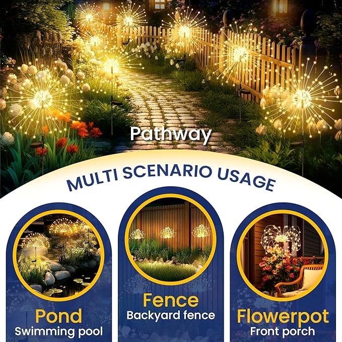 GIGALUMI Garden Decor Outdoor Lights 120LED 8Pack, Solar Garden Lights for Christmas Outside Fairy Firework Decorative,Solar Powered for Yard Pathway Flowerbed Planter Balcony Patio Decor (Warm White