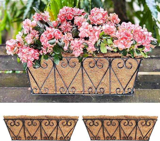 LaLaGreen Wall Planters - 2 Pack, 16 Inch Window Flower Boxes Outdoor, Deck Railing Hanging Metal Wire Basket Black with Coco Liners Horse Troughs Fence Balcony Garden Farmhouse Patio Porch Over Rail