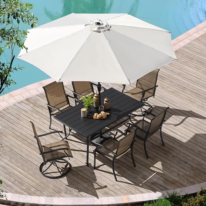 NUU GARDEN 7 Pieces Outdoor Dining Sets, Textilene Swivel Patio Table and Chairs All-Weather Outdoor Furniture Set for Lawn, Backyard, Balcony, Black and Brown