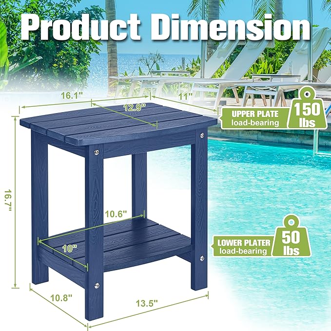Y&M Outdoor Side Table, HIPS Adirondack Small Double Layer Table, Waterproof Square Outside Table, Balcony End Tables for Patio, Pool, Porch, Deck, Indoor or Outdoor Use, Navy Blue