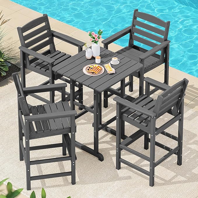 SERWALL 5 Pieces Outdoor Patio Bar Set, Tall Adirondack Bar Chair and Table Set, Gray