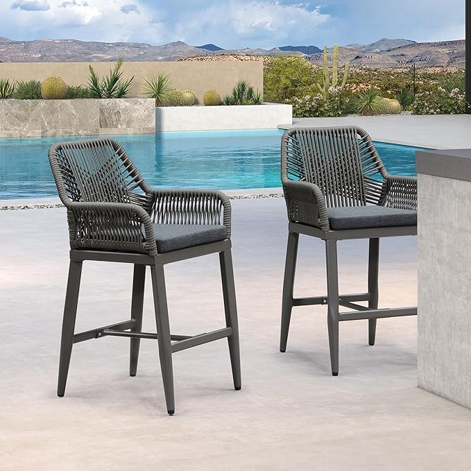 PURPLE LEAF Outdoor 24" Counter Height Bar Stools Chair Set of 2, All Weather Rattan and Aluminum Patio Bar Stool with Cushion for Indoor and Outdoor, Kitchen Island, Smoke Grey