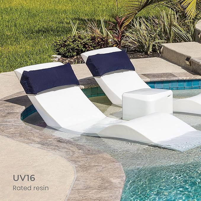 Aqua Outdoors in-Pool DEEP Ledge Chaise Set - Two Chaises - Two Headrest Pillows - Chaise Risers and One Large in Pool Side Table - for ledges 9"-14" inches Deep (Classic White-Blue)