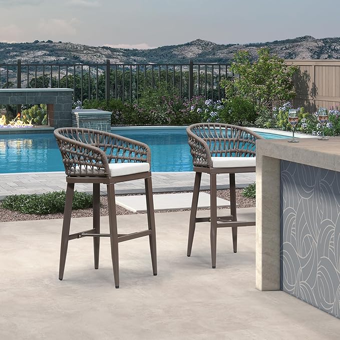 PURPLE LEAF Outdoor Rattan 29" Bar Stools Set of 2, Modern Boho Aluminum Patio Bar Height Chair with Cushion and Back for Garden Outdoor and Indoor, Coffee