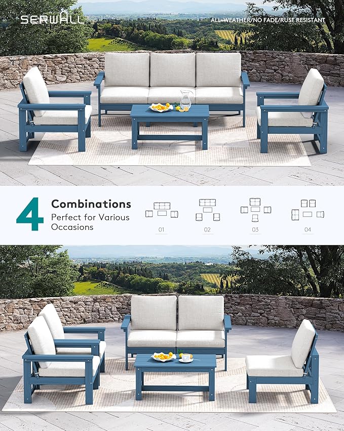 SERWALL HDPE Patio Conversation Set, 6-piece Sectional Outdoor Furniture Set, All Weather Outdoor Couch Set Patio Furniture Set for Deck, Lawn, Blue Frame with Beige Cushion