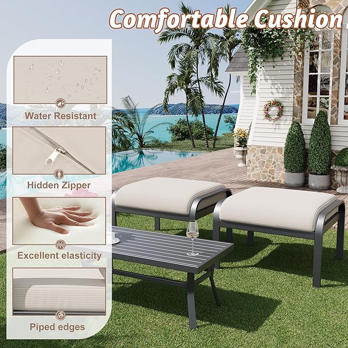 HOMREST Metal Outdoor Ottoman, 3-Piece Aluminum Footstool w/Removable Cushion, Multipurpose Footrest Stool with Coffee Side Table Additional Seating, Set of 3 Outdoor Ottomans for Patio Deck (Beige)