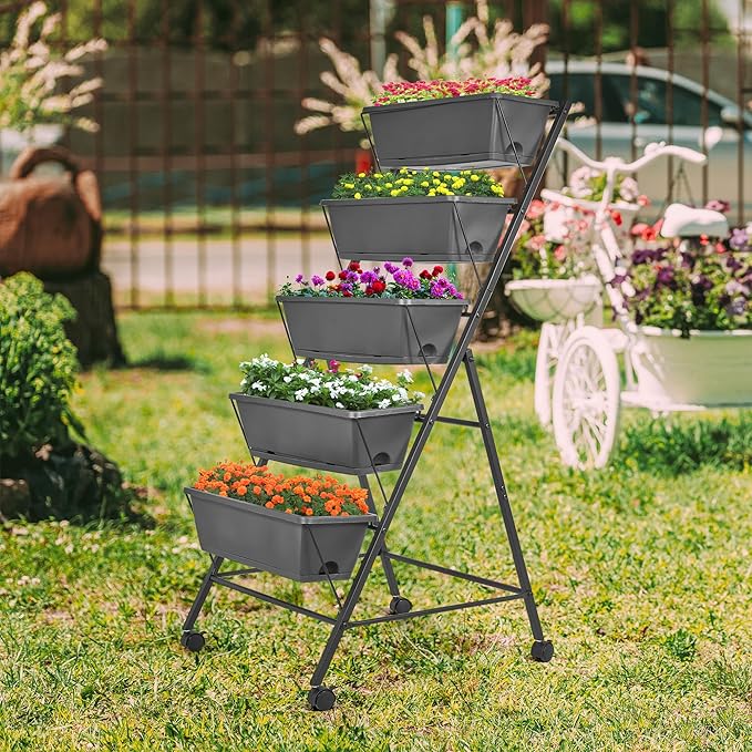 GENMOUS 5 Tier Raised Garden Bed Tall 45FT Vertical Elevated Garden Planter Standing Garden Bed Planter Box with Drainage Holes Removable Tray Outdoor Herb Planter Stand on Patio Balcony Porch Black