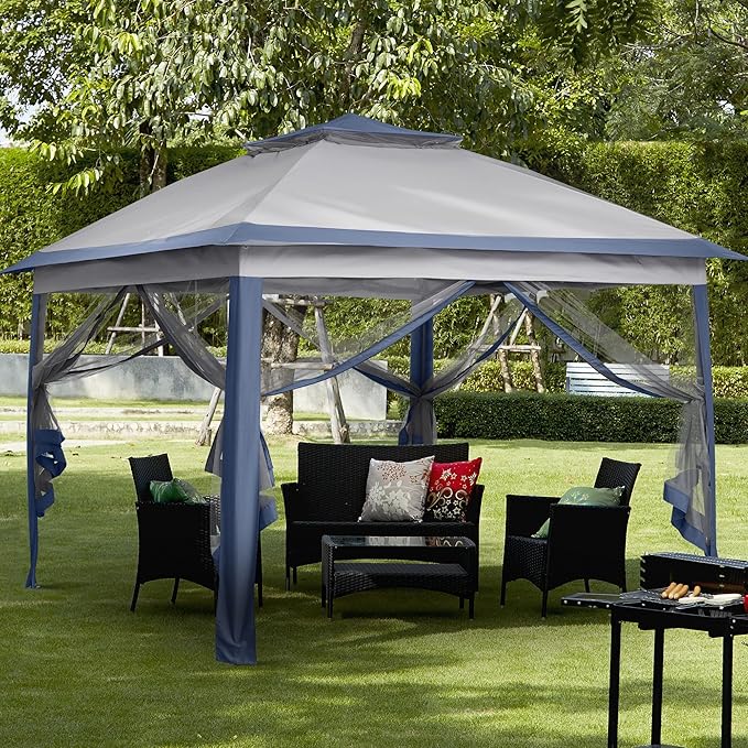 GDY 11x11 Pop Up Canopy Tent, Outdoor Canopy with Netting, Outdoor Gazebo for Backyard, Tent with Handbag, Blue.
