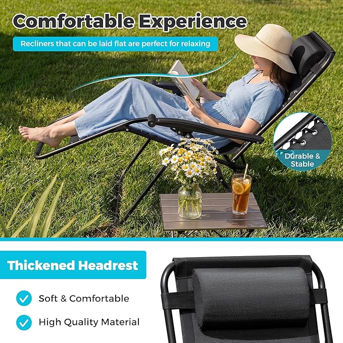 Homall Zero Gravity Chair Patio Folding Lawn Outdoor Lounge Gravity Camp Reclining Lounge Chair with Cup Holder Pillows for Poolside Backyard and Beach Set of 4 (Black)