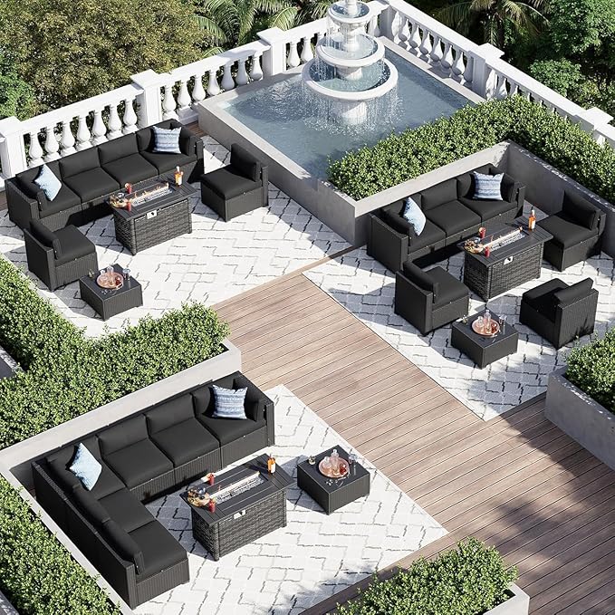 Aoxun 8 Piece Patio Furniture Set with 44” Fire Pit Table, Wicker Rattan Patio Sectional Sofa, Outdoor Furniture Set with Thickened Cushion, Black