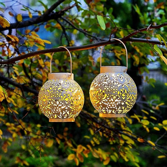 2 Pack Outdoor Solar Hanging Lantern Lights Metal LED Decorative Lamp for Garden Patio Courtyard Lawn and Table with Hollowed-Out Design (White)
