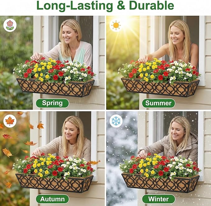 Y&M 6pcs 24 Inch Window Deck with Coco Liner, Fence Metal Hanging Flower Planter Window Basket Deck Railing Planter Boxes for Outdoor Garden Lawn