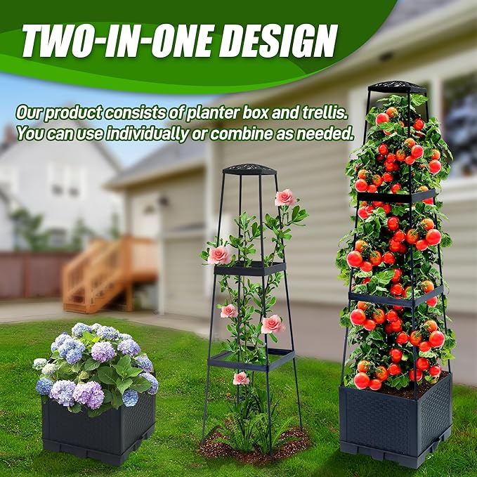 2 Packs Raised Garden Bed Tomato Planter Box with Trellis,44.8" Self-Watering Tomato Cage with Trapezoidal Trellis for Climbing Plants Flowers Vegetables Vine in Patio Garden Indoor Outdoor