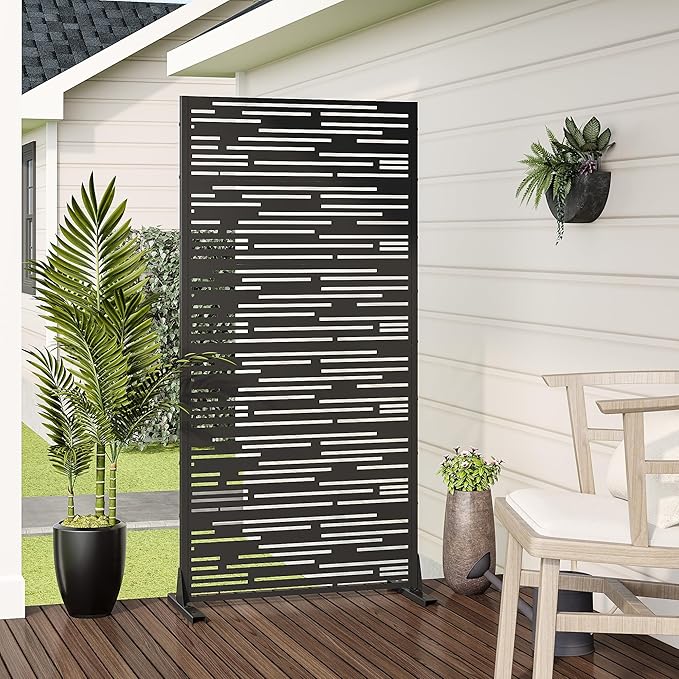 Casaphoria Metal Privacy Screen Outdoor, 72" H x 35" W Freestanding Decorative Privacy Screen for Patio Deck Balcony Garden with Stable Base, Black-Shine
