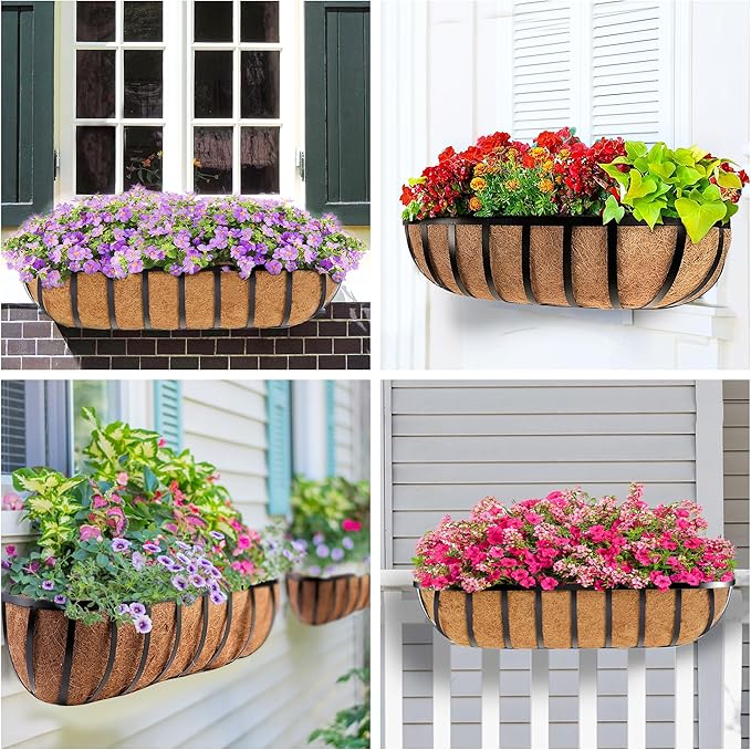 30 Inch Window Deck with Coco Liner, 30" Window Boxes Horse Trough with Coconut Coir Liner, Fence Metal Hanging Flower Planter Window Basket Deck Railing Planter Boxes for Outdoor Garden Lawn, 2pcs