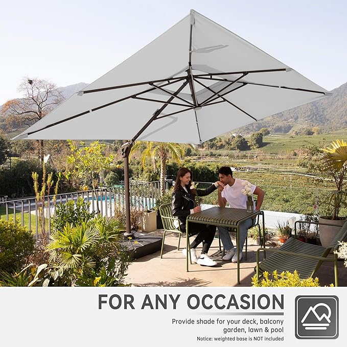 10 X 13 FT Cantilever Outdoor Patio Umbrella with Base Included Large Heavy Duty 360° Rotation Double Top Offset Rectangular Umbrellas with Led Lights for Backyard Outside Deck,Fog Grey