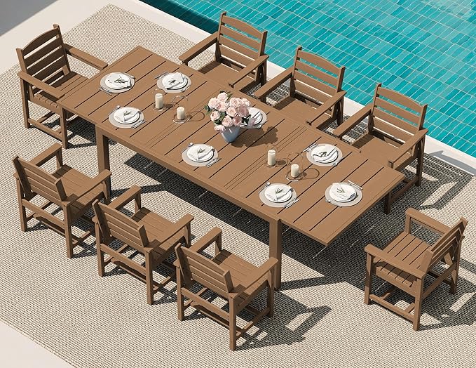 SERWALL 9-Piece Outdoor Dining Set, 60" - 83" Expandable Outdoor Dining Table and 8 HDPE Chairs, All Weather HDPE Outdoor Furniture Set for Backyard, Garden, Brown