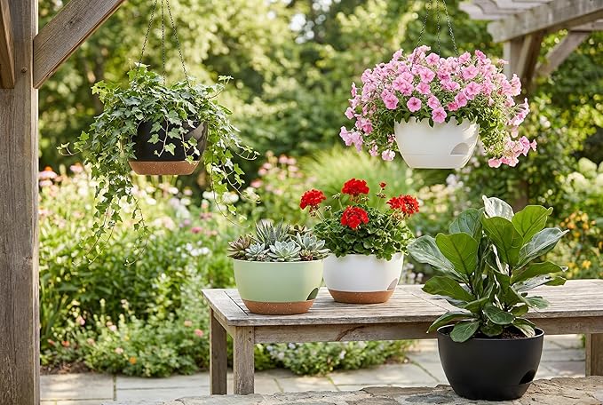 Hanging Planters 3-Pack, 8 Inch Self-Watering Hanging Pots with Drainage Hole and Chains, Plastic Planters for Indoor Outdoor（White Brown）