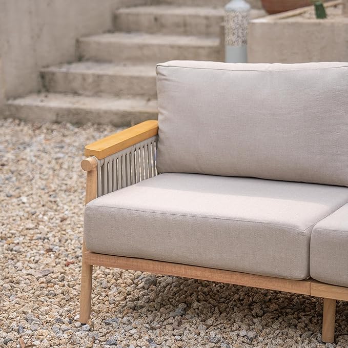 Acanva Modern All-Weather Aluminum Outdoor Patio Sofa with Thick Cushions, Olefin Fabric Sunroom Backyard Furniture, Loveseat Light Khaki