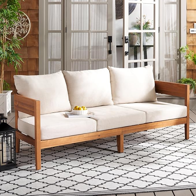SAFAVIEH Outdoor Collection Theo Natural Teak Solid Wood/Taupe Cushion 3-Seater Sofa