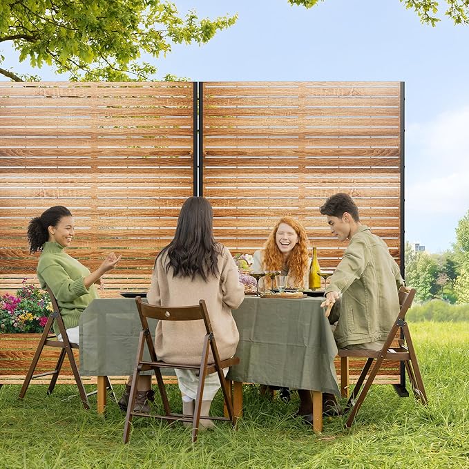 Casaphoria Metal Privacy Screen Outdoor, 72" H x 47" W Freestanding Decorative Privacy Screen for Patio Deck Balcony Garden with Stable Base,Wood Color