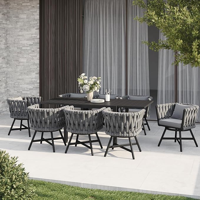 Grand patio 9-Piece Outdoor Dining Set for 8, Patio Dining Furniture Set for 8 Swivel Rope Wicker Chairs & 1 Expandable Rectangular Dining Table, Dark Grey