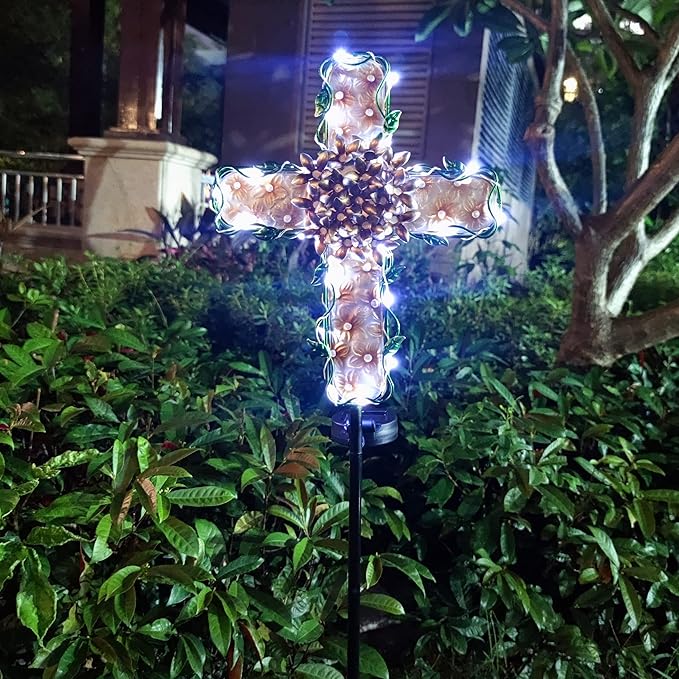 38inch Cross Garden Solar Lights Outdoor Decorative - Solar Metal&Glass Cross Apricot Hydrangea Flower Stake Lights- Waterproof 20 White LED for Remembrance Gifts & Sympathy Gifts