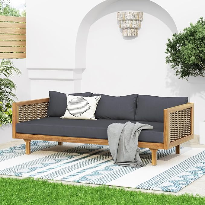 Merax 67.5" Outdoor Patio Daybed 3 Seater Sofa Bed,Acacia Wood Frame with Rattan Arm,Cushion & Pillow for Garden