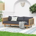 Merax 67.5" Outdoor Patio Daybed 3 Seater Sofa Bed,Acacia Wood Frame with Rattan Arm,Cushion & Pillow for Garden