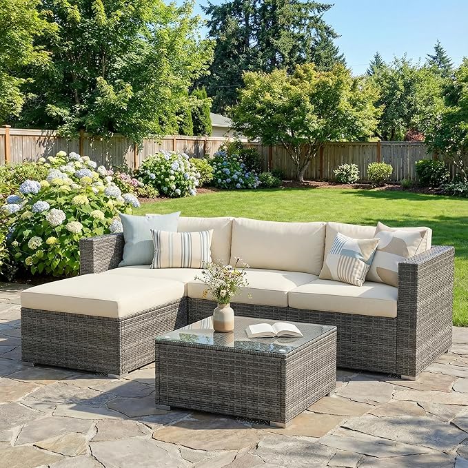 Outdoor Patio Furniture Set, Rattan Outdoor Sectional Furniture, Patio Conversation Sets for Balcony, Porch, Backyard, Deck, Garden, Beige