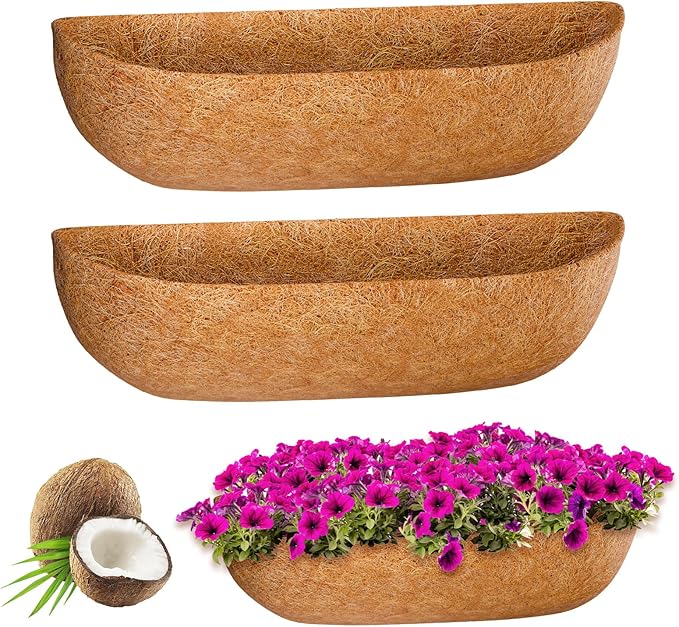 ZeeDix 24 Inch Trough Coconut Liners for Planters (2-Pack) - 100% Natural Coconut Coir Fiber Planter Liners Replacement for Window Boxes, Wall Baskets, Deck Flower Boxes, Garden Railing Fence Troughs