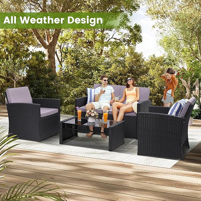 4-Piece Patio Furniture Set, Wicker Outdoor Rattan Sectional Sofa with Cushions and Glass Table, All-Weather Outdoor Conversation Set, Ideal for Garden, Porch, Backyard, Grey