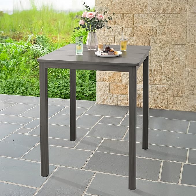 Outdoor Bar Table, 32" Square Patio Bar Height Counter Pub Table, Waterproof Aluminum Top, Weather Resistant, Balcony, Yard, Indoor or Outdoor Use, Slate Gray