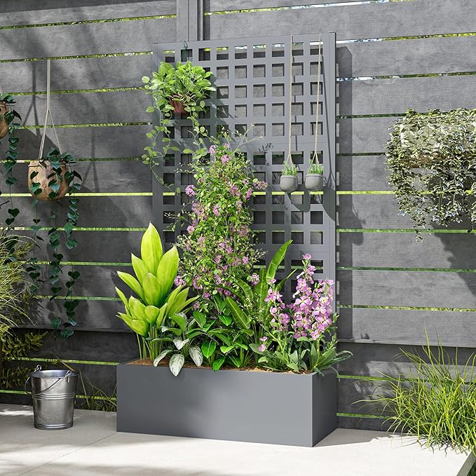 Outsunny Galvanized Raised Garden Bed with Trellis, Metal Planter Box with Drainage Holes, Outdoor Privacy Screen for Climbing Plants, Vegetable, Vines, 35" x 16" x 70", Gray Wood Effect