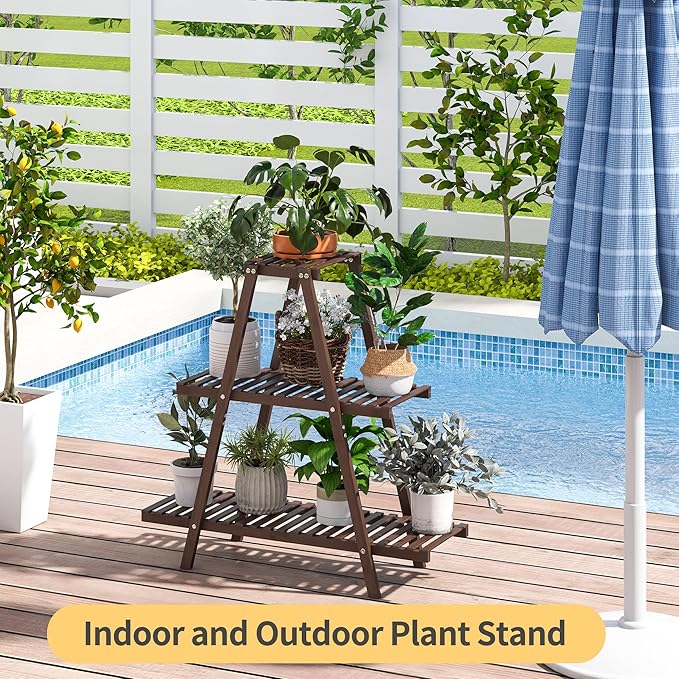 Plant Stand Indoor, Outdoor bamboo Plant Rack for Multiple Plants, 3 Tier 8 Potted Flower Holder Ladder,Plant Shelf Ladder Table Plant Pot Stand for Living Room, Patio, Balcony (Brown)