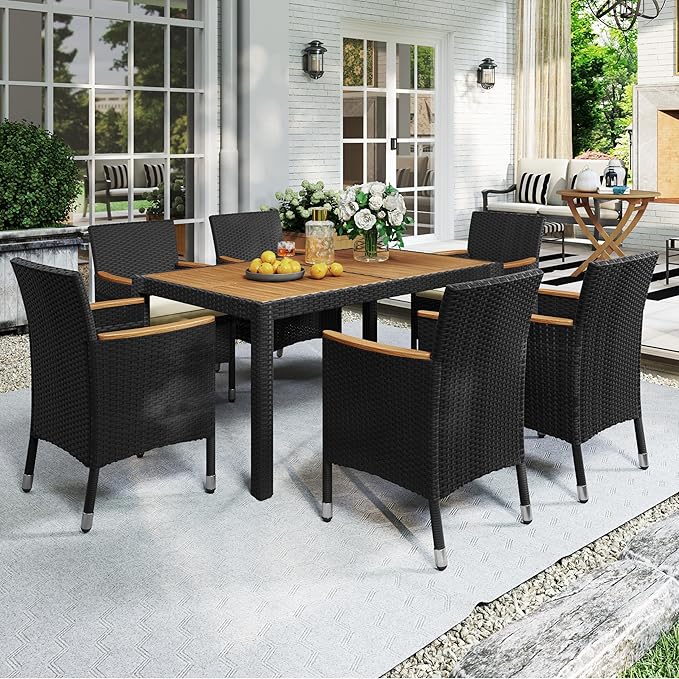 Yaheetech 7 Piece Patio Furniture Set, Outdoor Dining Acacia Wood Table Top Rattan Conversation Set with Soft Cushions, 6 Chairs & 1 Table for Backyard, Deck, Garden & Yard, Black/Beige