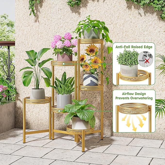 6 Tiered Plant Stand Indoor for Multiple Large Planter, Tall Heavy Duty Adjustable Folding Rack with Rustproof 7.9 Inch Wide Tray, Plant Shelf for Corner Living Room - GoldWave