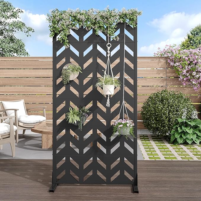 Casaphoria 72" H x 35" W Metal Privacy Screen, Outdoor Freestanding Decorative Divider for Patio, Deck, Balcony, and Garden with Stable Base, Black Keith